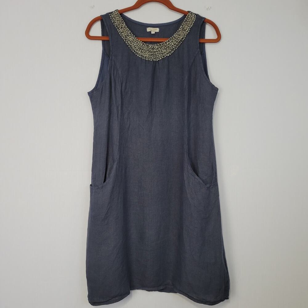 Lina Tomei Sleeveless Linen Beaded Dress size L Blue Coastal Resort Vacation
